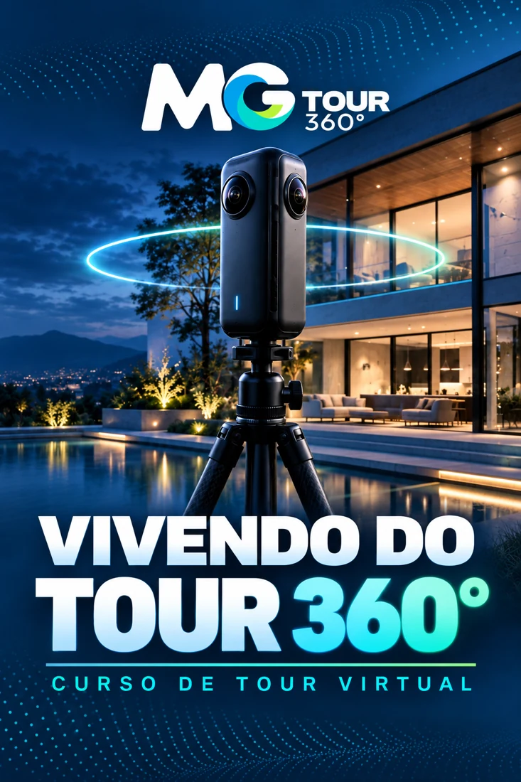 Capa do curso Vivendo do Tour 360°, com câmera 360 e arquitetura
